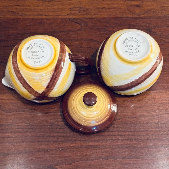 🍁🌟HP🌟VTG 1950s Cream & Sugar Homespun Glazed Ceramic Set by Vernon Kilns CA - Picture 7 of 9